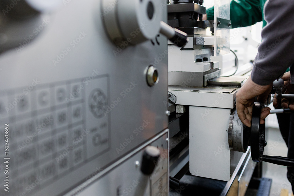 Poster precision craftsmanship in action at a busy machining workshop showcasing intricate metalwork