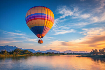 Naklejka premium Hot air balloon floats gracefully above a lake during a colorful sunset near mountains
