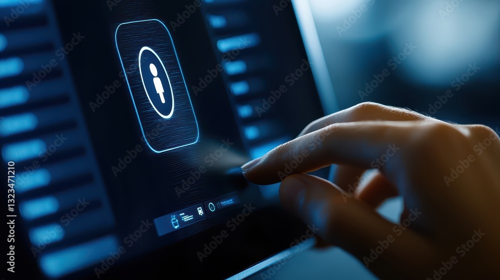 Poster fingerprint biometric security on laptop, enhancing device access and data protection with advanced 
