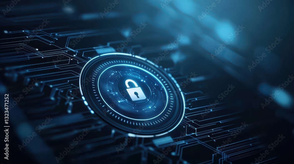 Poster cybersecurity lock on circuit board, protecting digital data from threats