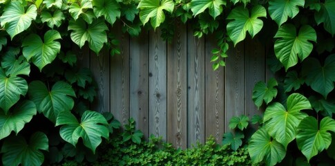 Lush tropical leaves and vines in shades of green against a wooden fence, garden fence, lush greenery