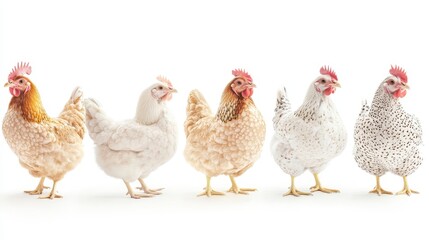 Fototapeta premium Five Hens of Varying Plumage in a Row Against White Background