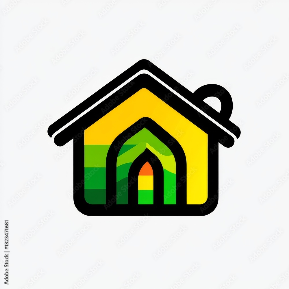 Poster colorful house icon design: modern architecture with an abstract interior and simple black outline.