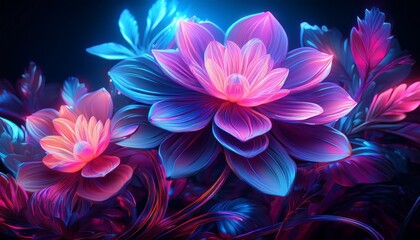 Obraz premium Neon-style floral glow, combining electric pink and blue blossoms for a futuristic, vibrant look. Perfect for modern, bold, and creative design projects