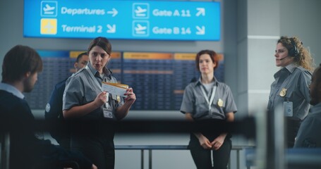 Airport Staff Training: Female TSA Officer Giving Instructions, Holding Plane Ticket, Explaining...