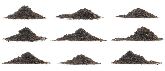 Set pile peat moss soil isolated on a white background. texture dirt in flowerpots for tree flower....