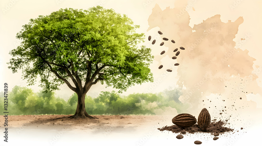 Poster an artistic representation of cocoa beans and a large tree