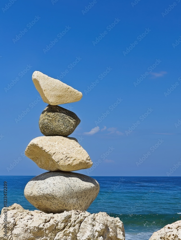 Poster a towering stack of rocks on a sandy beach with calm waves gently lapping at the shoreline