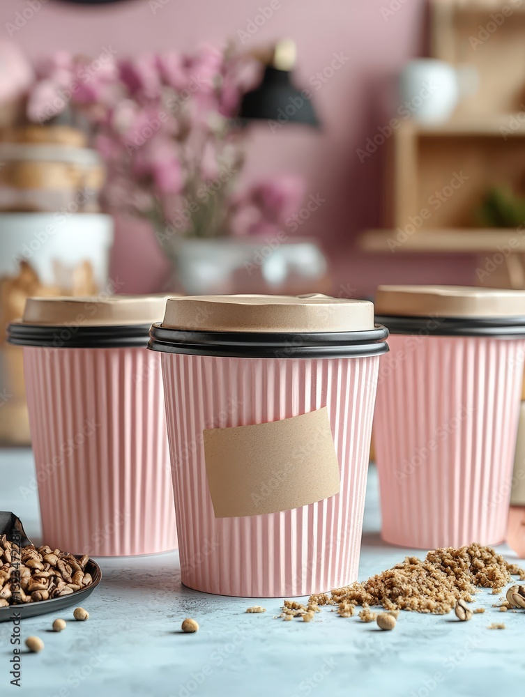 Poster trio of charming pink cups with unique labels displayed neatly on a white background for style