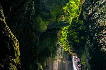Immersion in the greenery. Kobarid natural waterfalls of Kozjak. Wonder of nature