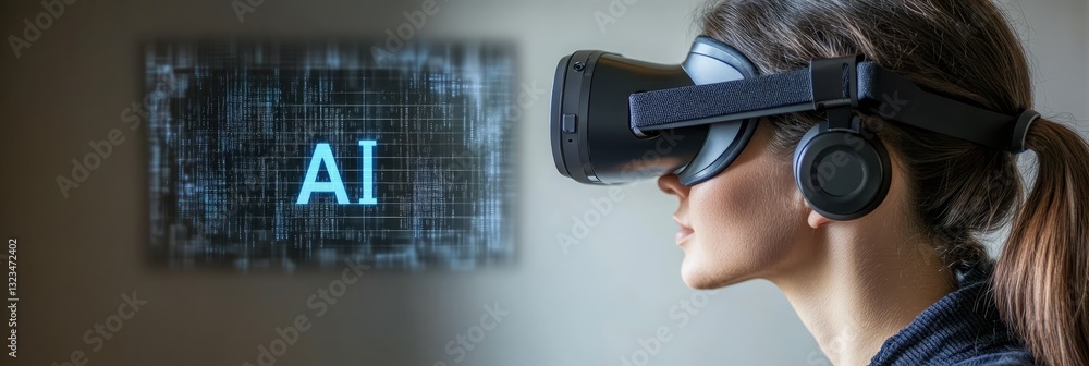 Poster woman immersed in virtual reality experience with ai interface exploring the future of technology.
