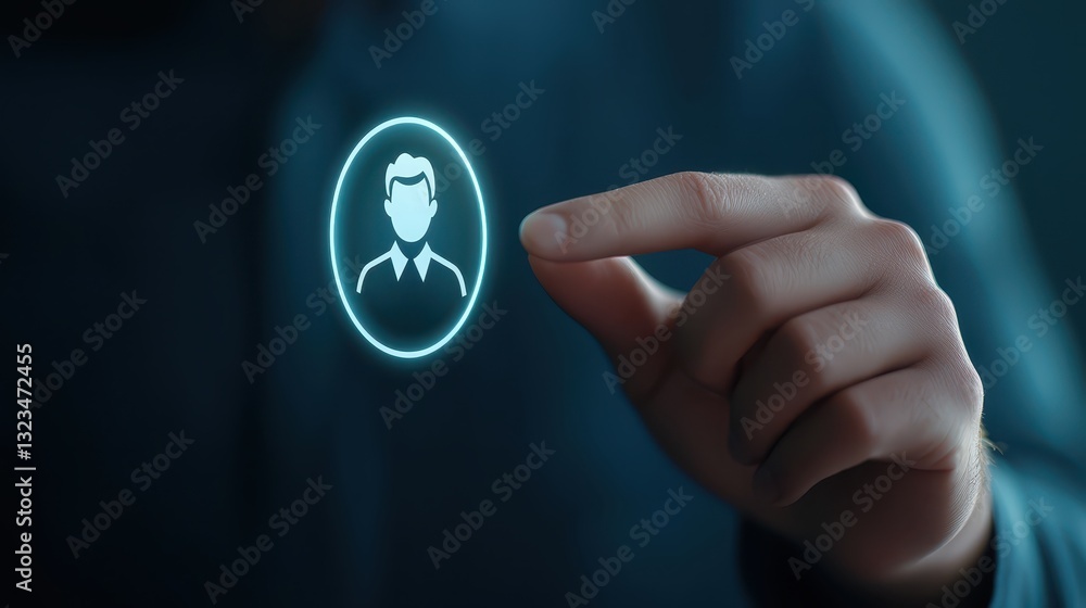 Poster human finger initiating action by pressing a button, interface control and technological interaction