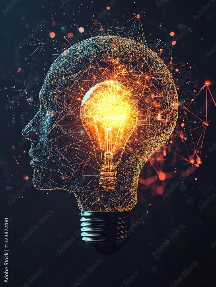 Poster light bulb surrounded by a network of connected lines symbolizing innovation and modern technology