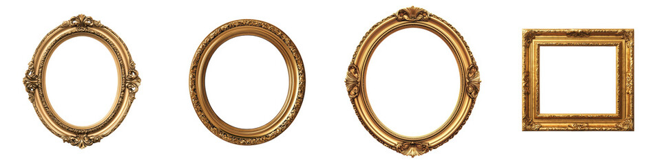 A collection of various elegant ornate and decorative golden picture frames in different styles and designs against a plain white background  The frames have intricate baroque or vintage details