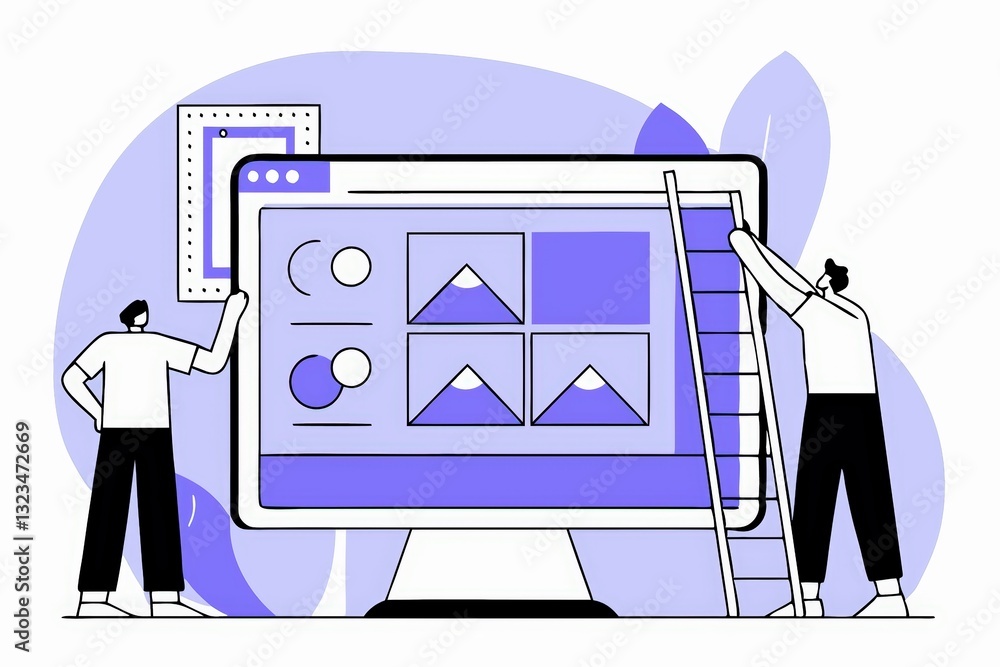 Poster illustration of two individuals working on a large computer screen, focusing on image display and la