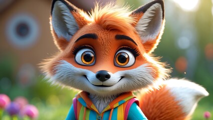 Cartoon fox is smiling and wearing a blue jacket