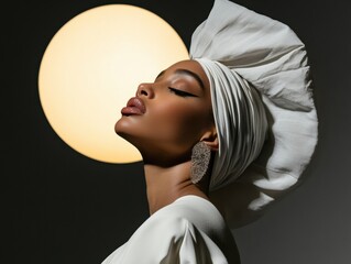 Transcendent Afrofuturistic Portrait Ethereal Minimalist Fashion Statement Celebrating Cultural Identity and Artistic Elegance in Contemporary Visual Storytelling