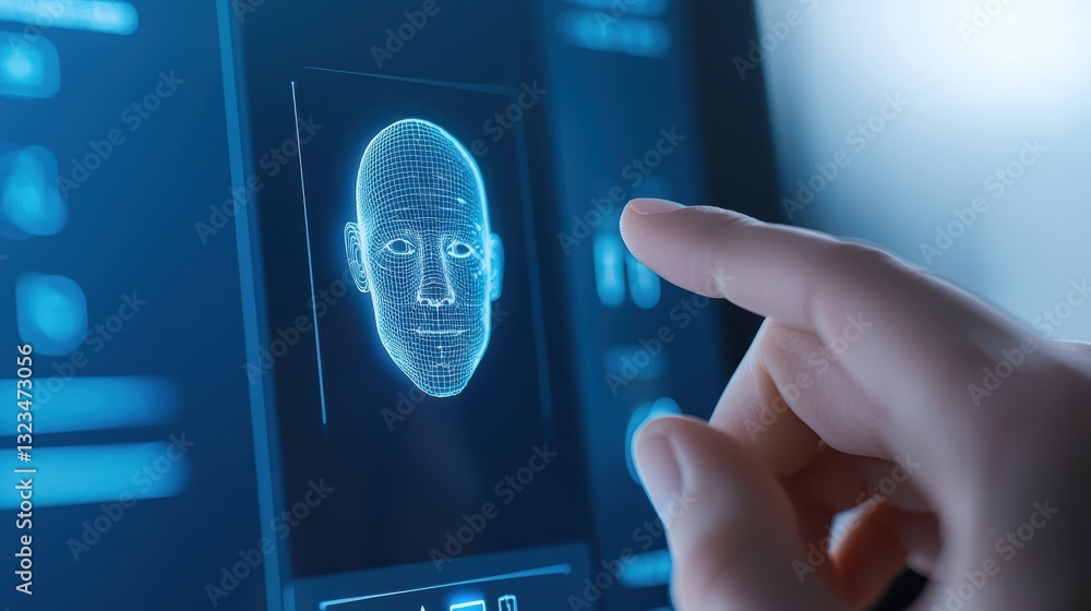 Poster biometric security, finger touching fingerprint scanner on touchscreen for secure access