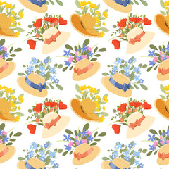 Straw hats with flowers vector seamless pattern. Spring, summer hand drawn illustration. Vintage headwear with wildflowers and ribbons print on white background fot textile, wrapping, apparel