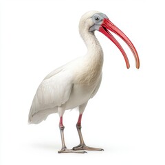 Obraz premium White ibis bird with long red beak standing on white background. Studio shot of exotic bird with detailed plumage.