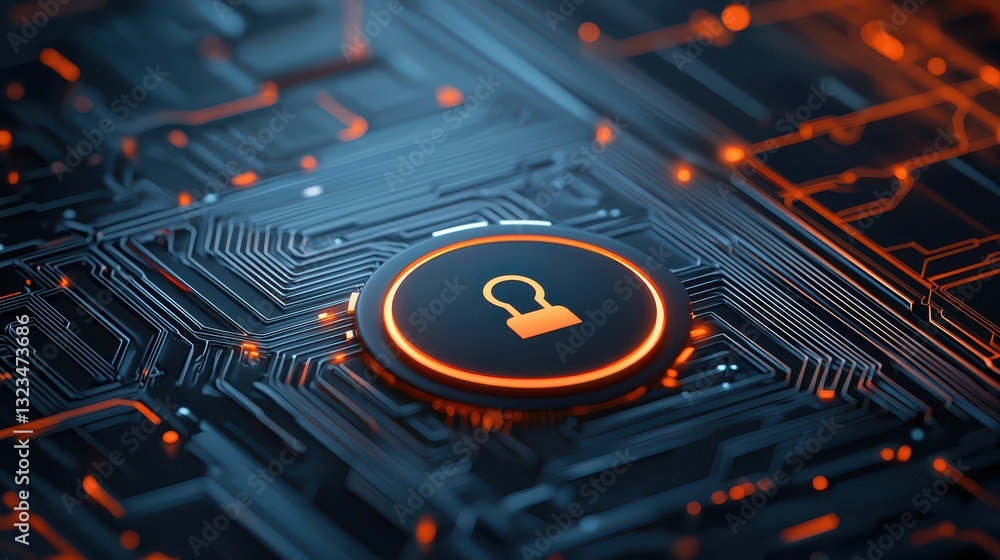 Poster cybersecurity symbolized, locked computer chip depicting digital protection and data security
