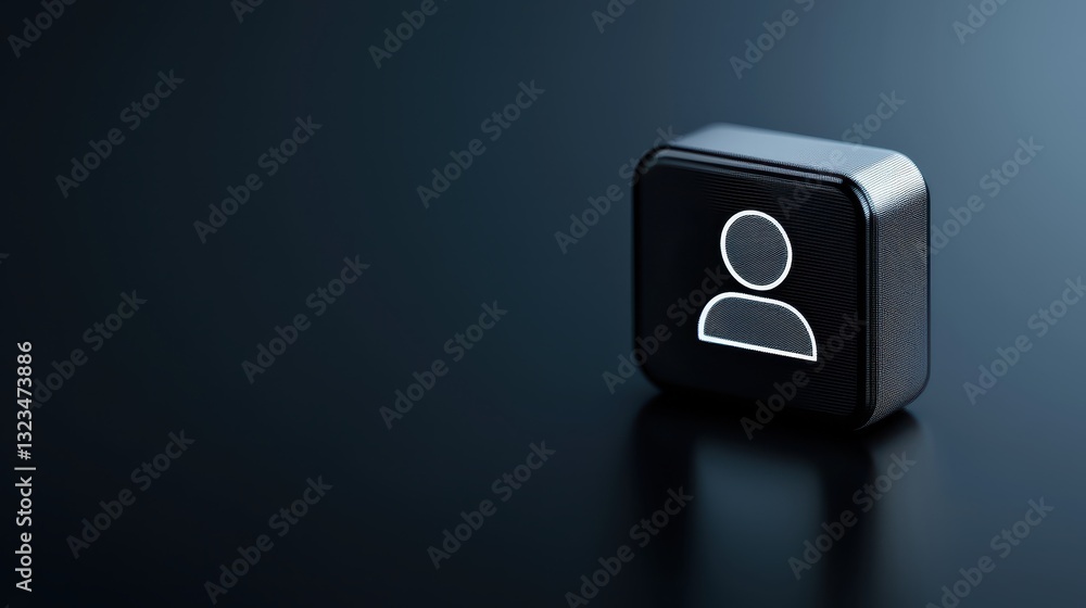 Poster black square button with white icon, minimalist design element for modern interfaces