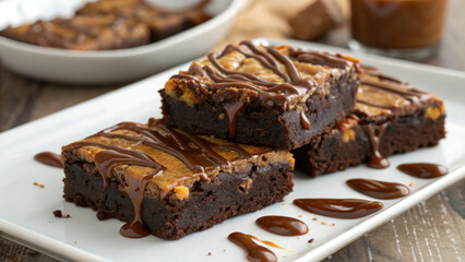 delicious chocolate brownies drizzled with caramel sauce, beautifully presented on a plate