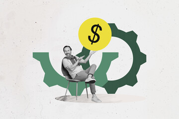 3D collage design composite trend artwork sketch of aged man sit armchair hold dollar sign cash...