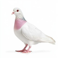 Obraz premium White pigeon with pink breast feathers, standing against a white background. Studio shot, detailed view.
