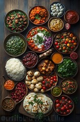 Fototapeta premium Vibrant Traditional Feast with Rice Vegetables and Sauces