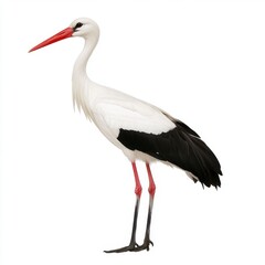 Obraz premium White stork with black wings and red legs standing against a white background.