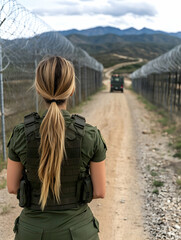 Border patrol officer stands guard at a remote checkpoint