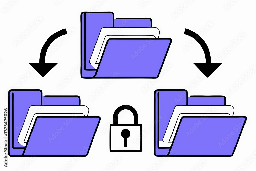 Aufkleber an illustration showing folders being transferred between locations, with one folder locked, symboli