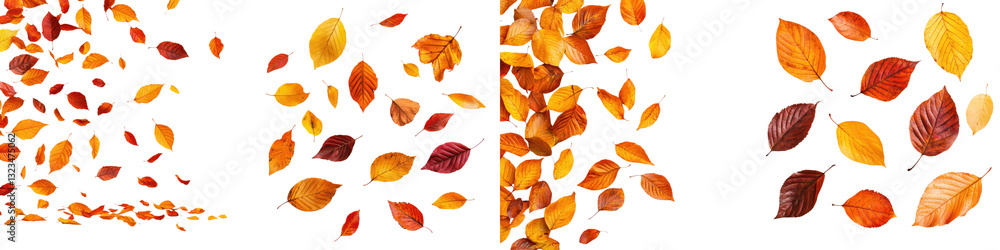 Poster scattered and drifting autumn leaves against a white background showcasing the vibrant colors and pa