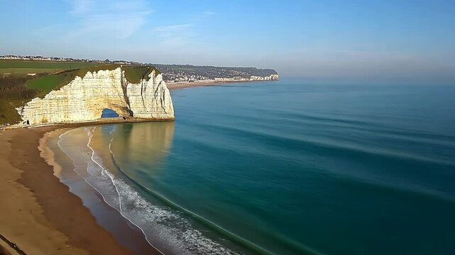 Beautiful coastal view of chalk cliffs and calm waters at Etretat during a clear day in early spring