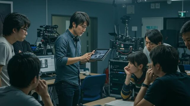 テレビクルーがタブレットを使って打ち合わせをしている
