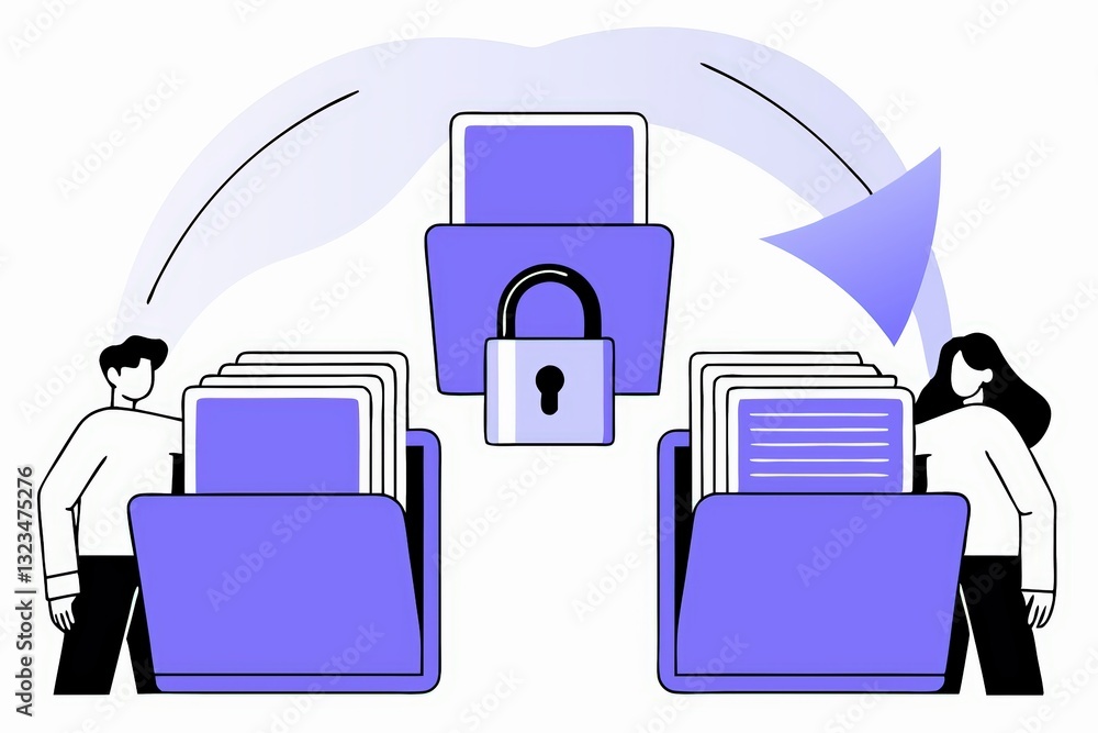 Poster two people are transferring files between folders, with a locked folder symbolizing security and pri