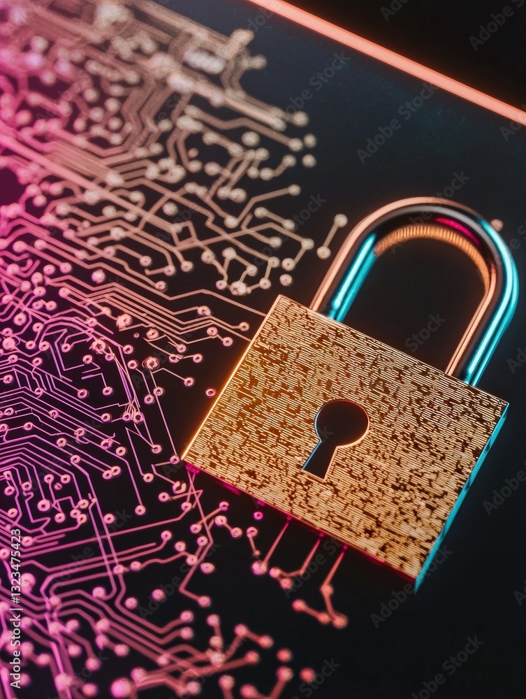 Aufkleber close-up view of a padlock secured on a circuit board representing cybersecurity and protection