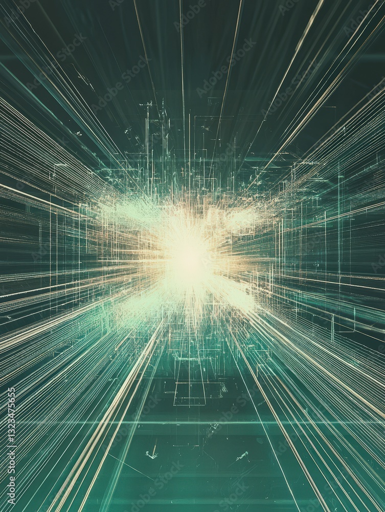 Poster dynamic green and white light streaks creating an abstract visual effect against a dark background