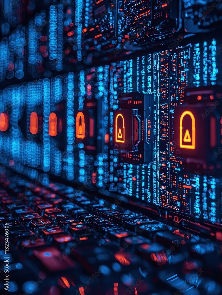 Poster vibrant computer display set against a bold red and blue background with dynamic visual appeal