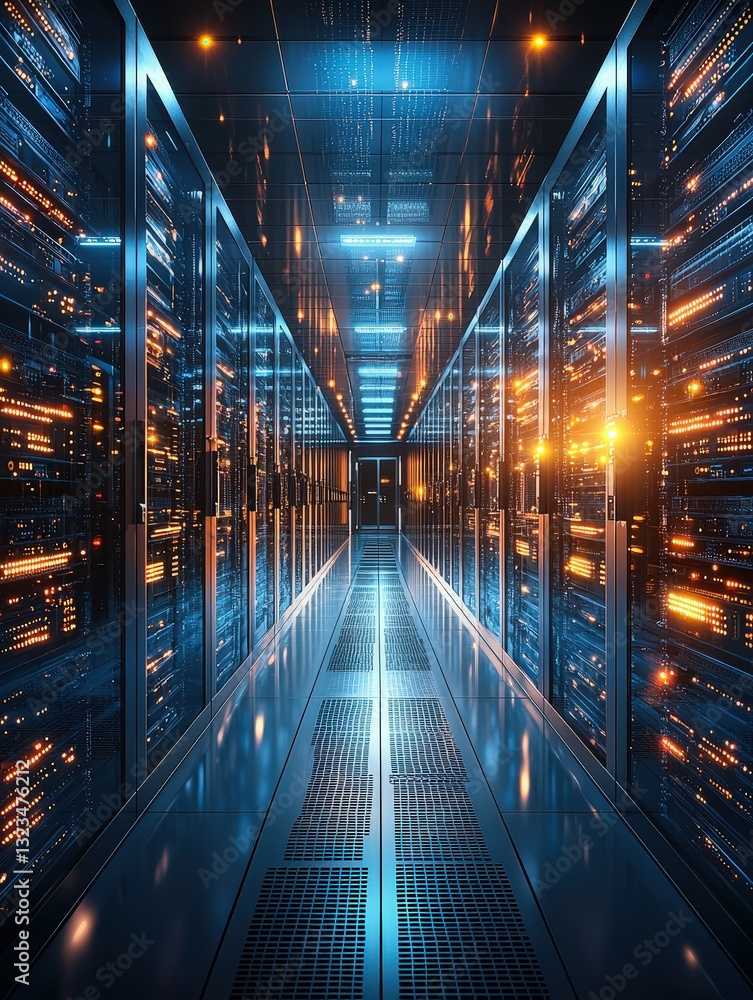 Poster high-tech server room filled with rack-mounted servers and complex wiring for data management