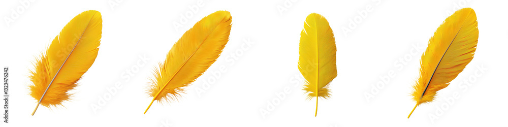 Poster elegant floating yellow feathers on a bright white background creating a minimal and abstract nature
