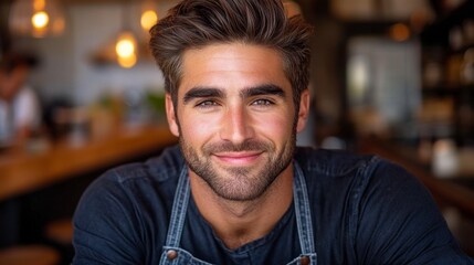 Fototapeta premium Portrait of a man with short brown hair and a beard, wearing a dark denim apron, smiling gently at the camera in a softly lit indoor setting. 