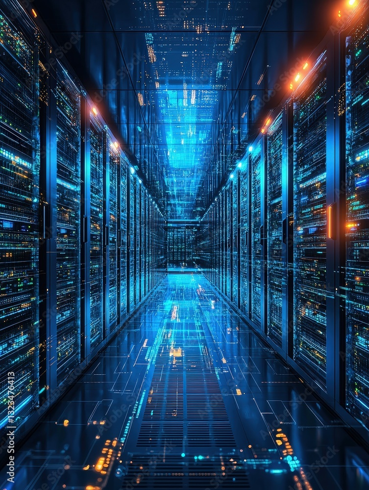 Poster server room filled with numerous high-tech servers organized in neat rows for optimal performance