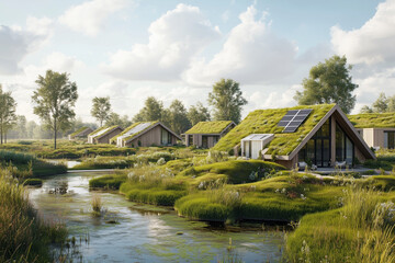 Obraz premium Eco-Friendly Homes with Green Roofs and Solar Panels by a Lake