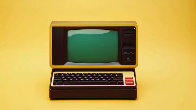 Retro computer with a green screen on a bright yellow background