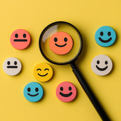 A magnifying glass highlighting a red smiley face surrounded by different facial expressions on a yellow background  
