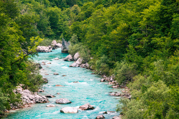 The Soča River in Kobarid. Immersion in nature.
