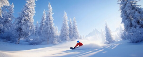 A person snowboarding down a snowy mountain slope with trees