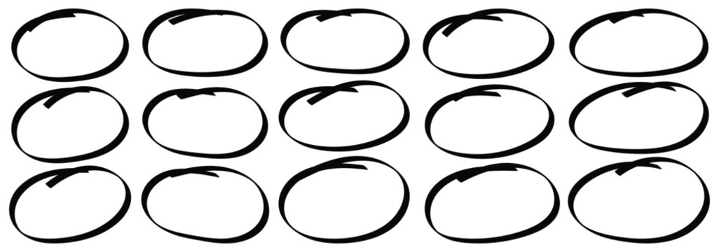Set of doodle ellipses. Highlight circle frames. Brush strokes oval circle elips elements collection. Ellipses in doodle style. Ink hand drawn paint brush circle. Round scribble doodle note mark. 